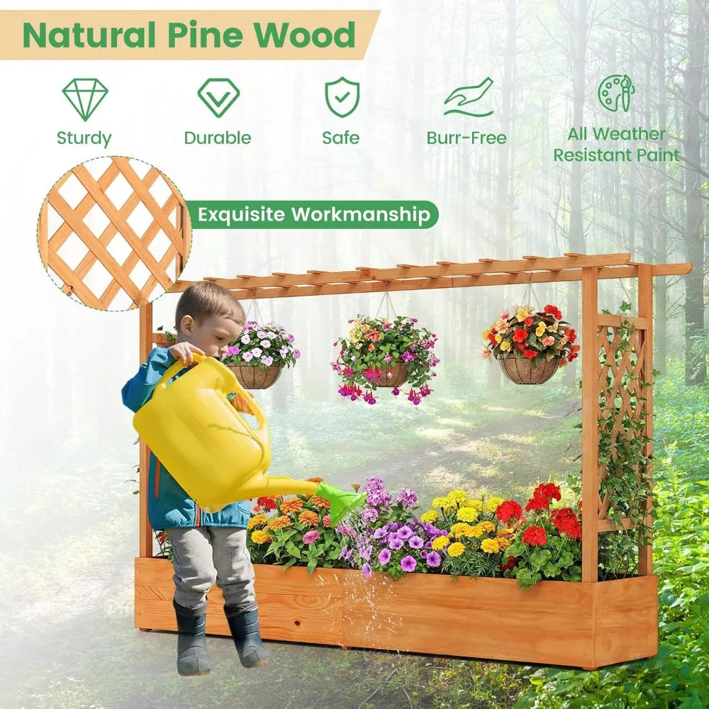 Raised Garden Bed With Trellis And Hanging Roof Planter Box
