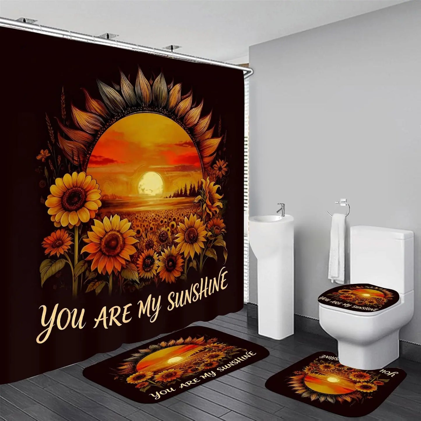 4 Piece Sunflower Shower Curtain Set - Yellow Floral Flower Bathroom Decor - Washable Fabric Curtain - Rugs and Toilet Lid Cover