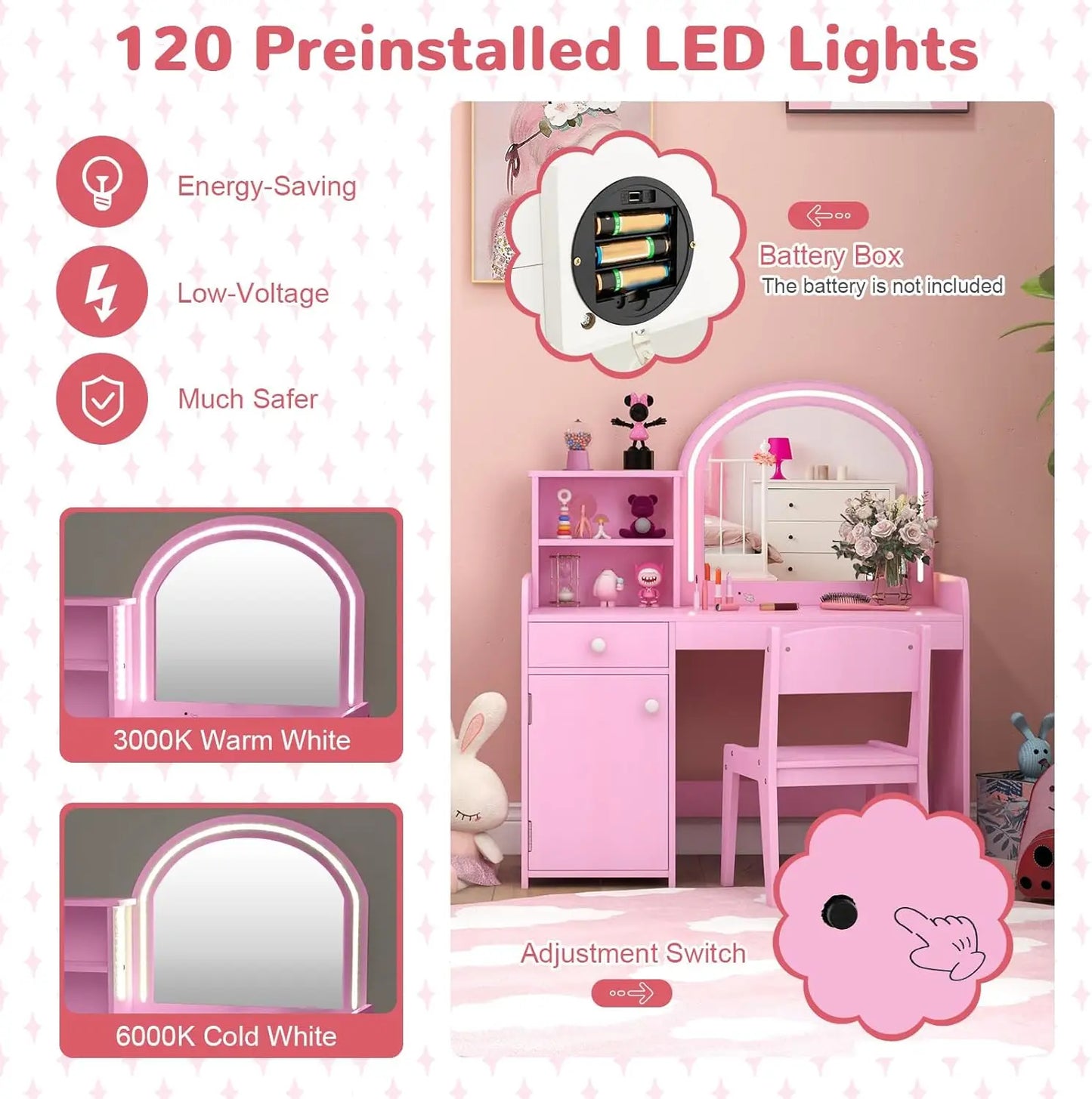 Kids Vanity Set With Lights Princess Makeup Table And Chair
