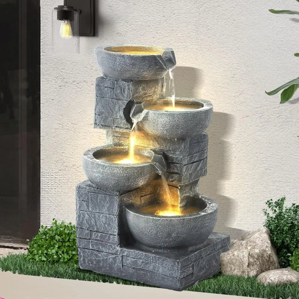 5-Tiers Outdoor Garden Water Fountain with Cascading Rock, Fountains and Waterfalls w/LED,