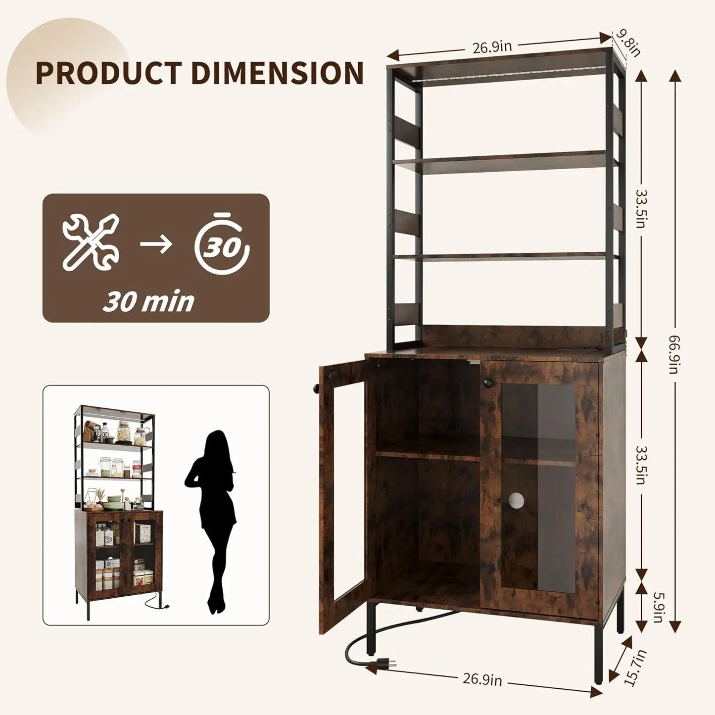 LED Kitchen Pantry Cabinet With Power Outlet And Glass Doors
