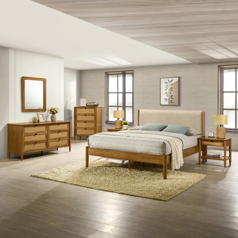 Queen Bedroom Set: Rubberwood Bed, Dresser, Mirror, Nightstands, Chest – Textured Upholstered Design