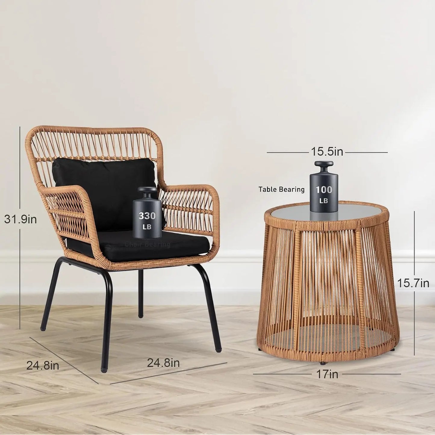3 Pieces Outdoor Wicker Bistro Patio Furniture Set, Porch Furniture Rattan Conversation Sets with Side Table and Cushions