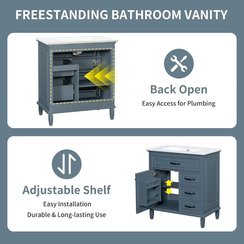 Virubi 30 in Bathroom Vanity with Sink Combo,Solid Wood & MD Single Bathroom Sink Cabinet with -Out Der, 2 Ders, Adjustable Shel