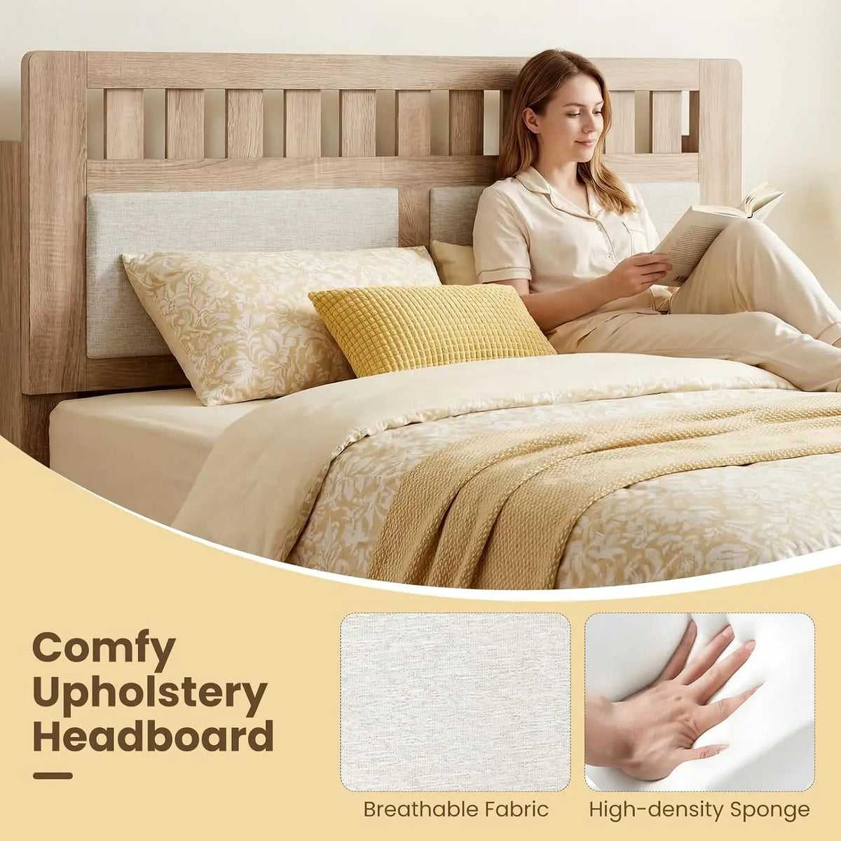 Wood Full Size Bed Frame Upholstered Headboard Platform Slat Support Storage No Box Spring Oak, Customized