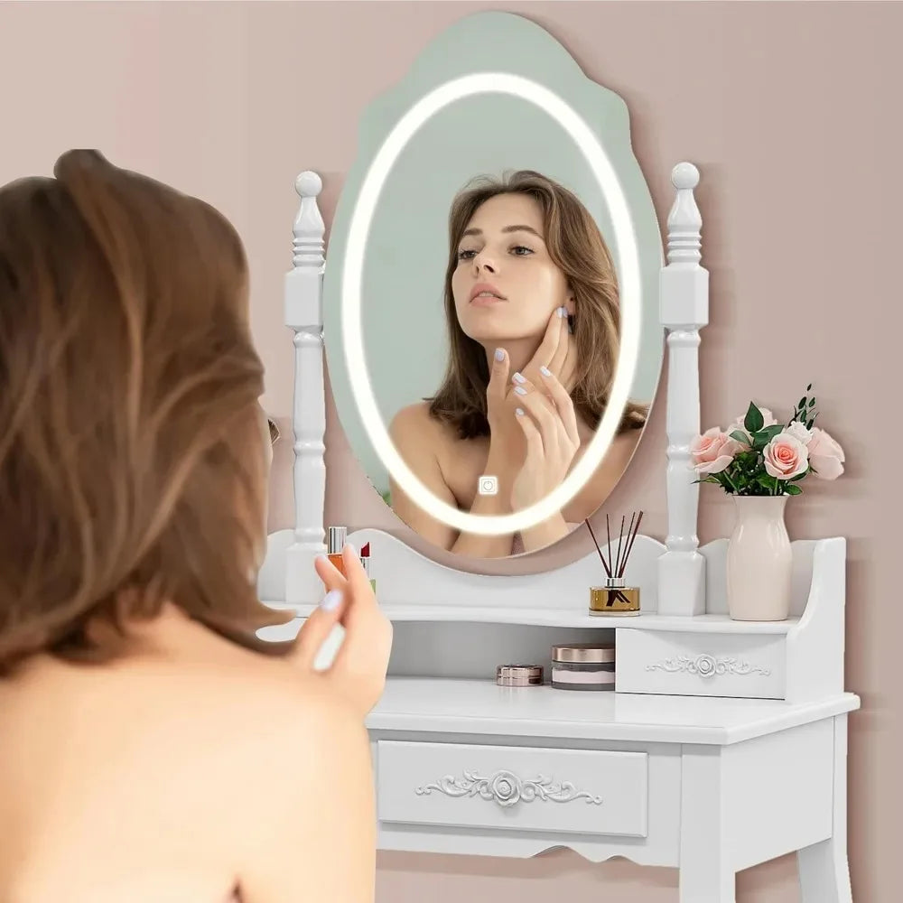 LED Mirror Vanity Desk with 4 Drawers & Stool, Adjustable Lighting Makeup Table for Bedroom, White