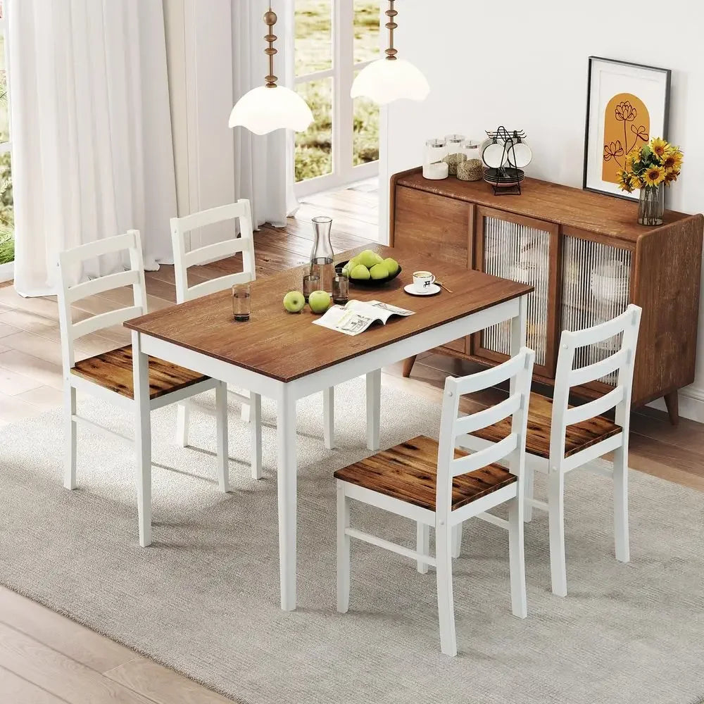 Dining Table Set for 4, Solid Wood Kitchen Table and Chairs, Farmhouse Dinette Set w Apron, Rubber Wood Legs, MidCentury Modern
