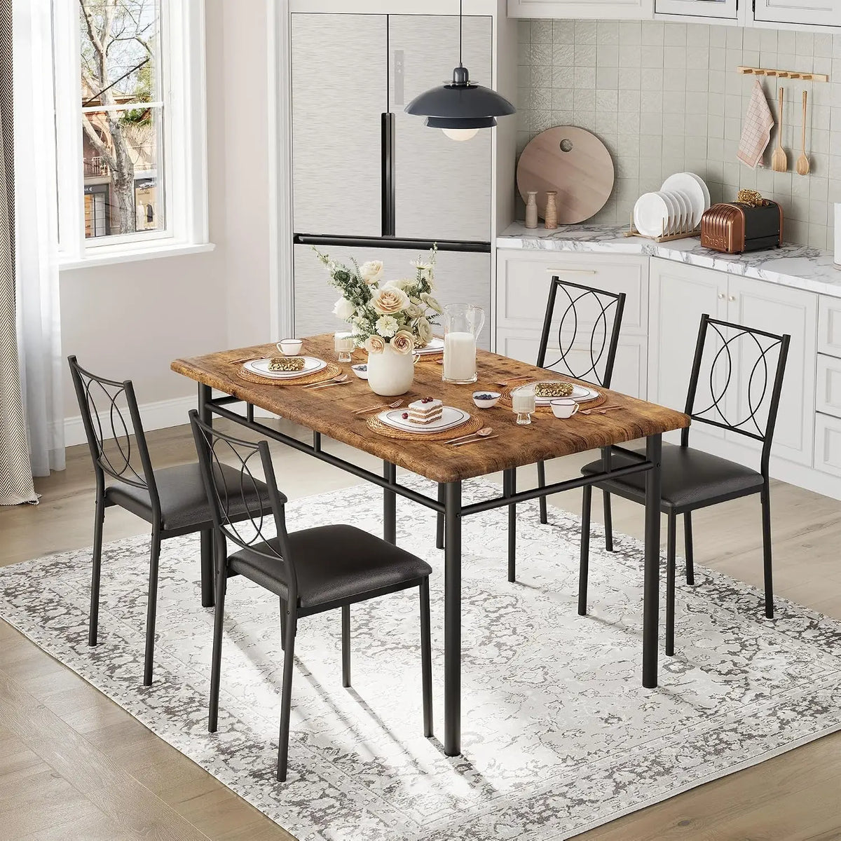 TWISTER.CK Farmhouse Dining Table Set With Upholstered Chairs for Small Spaces