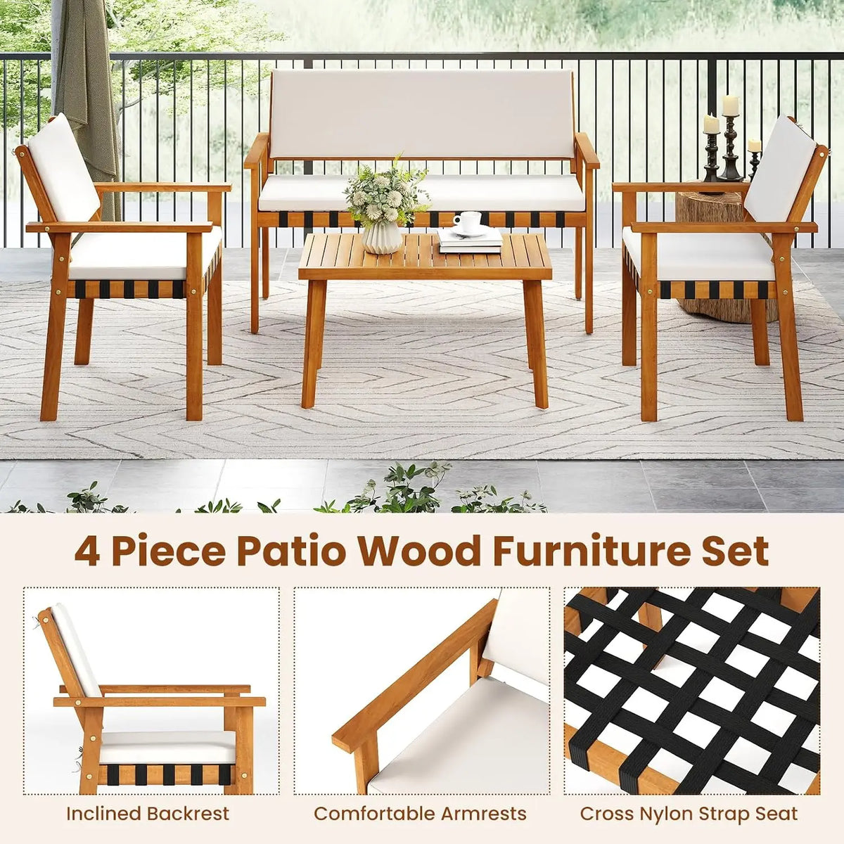 Acacia Wood Outdoor Conversation Set with Cushions and Coffee Table
