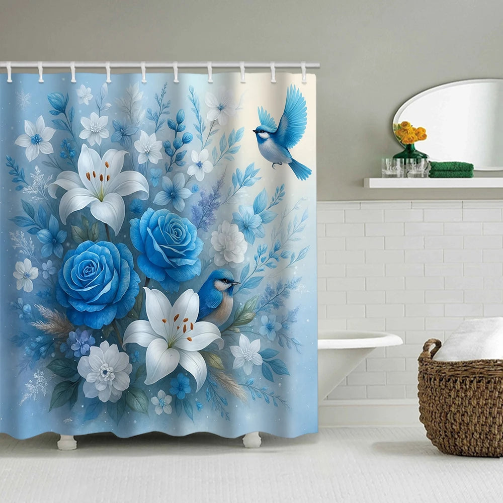 Flower Bird Shower Curtain Set With Carpet And Toilet Seat