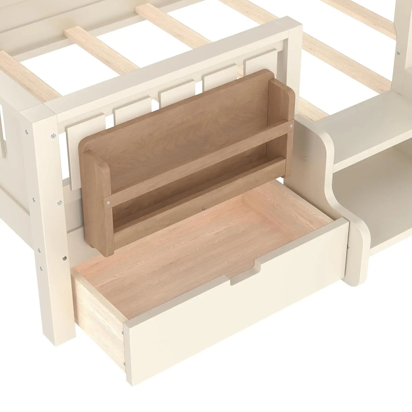 Twin Kids Bed With High Rails Built In Bookshelf Storage Wood Montessori