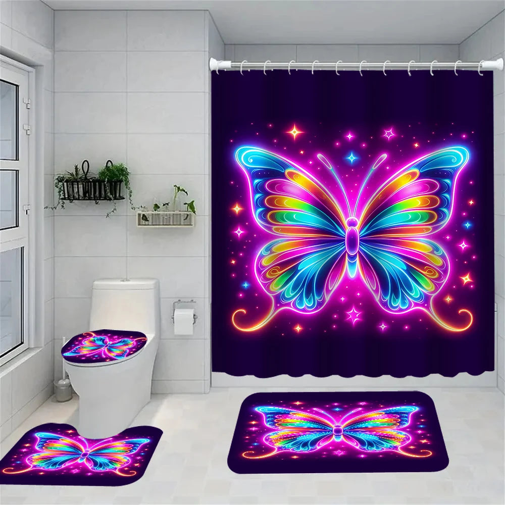 Colorful Butterfly Shower Curtain With Carpet And Toilet Lid