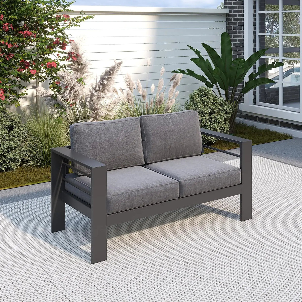 Outdoor Aluminum Patio Loveseat Sofa with Metal Frame and Cushions