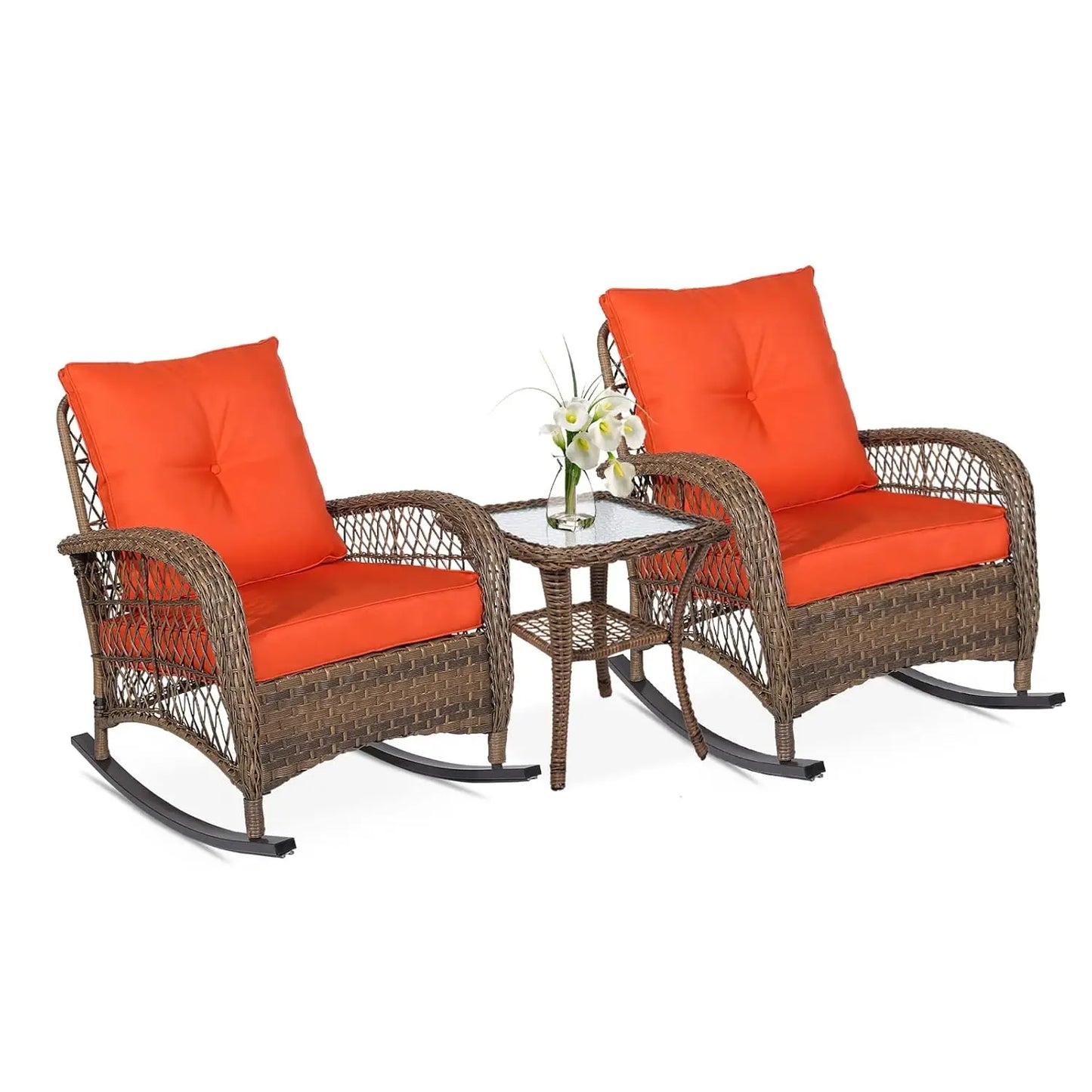 Outdoor Wicker Rocking Bistro Set Cushioned Chairs Glass Top Table