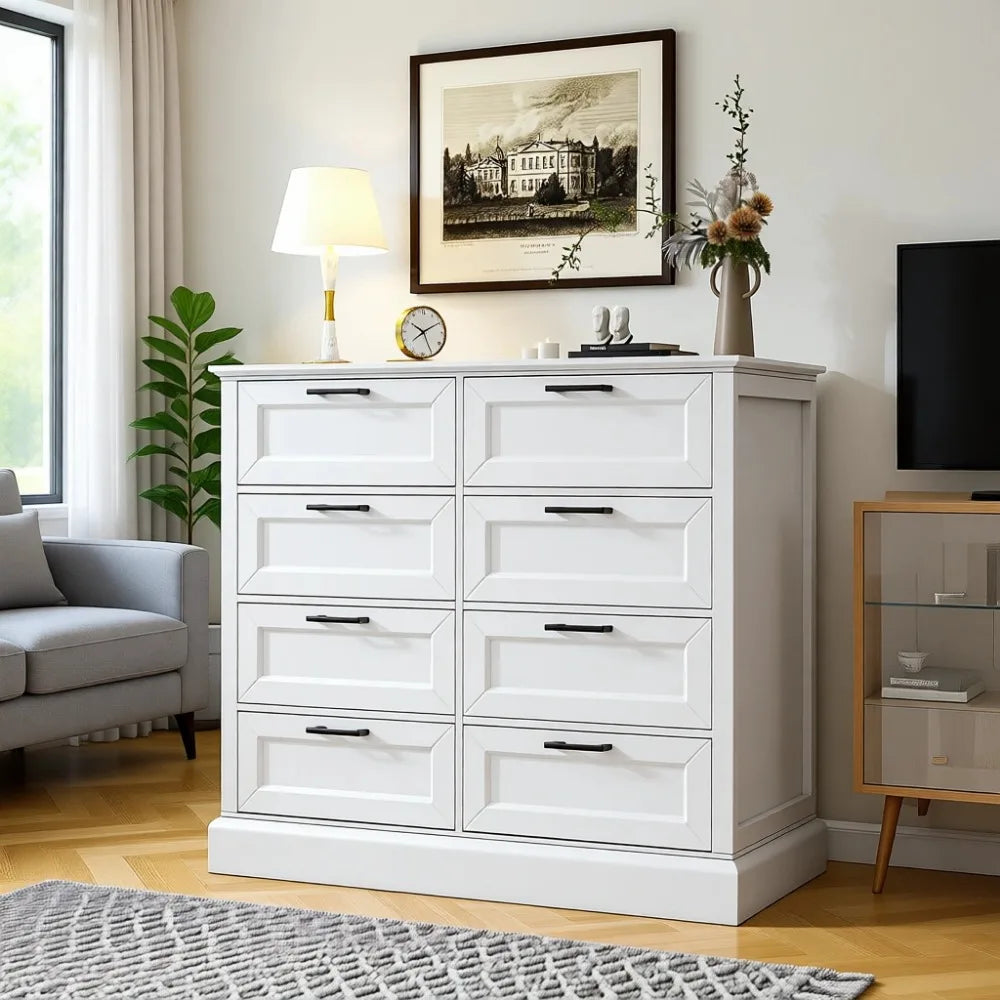 Modern Farmhouse Dresser with 8 Drawers for Bedroom Storage, 39.3” Tall Wood with Black Handles