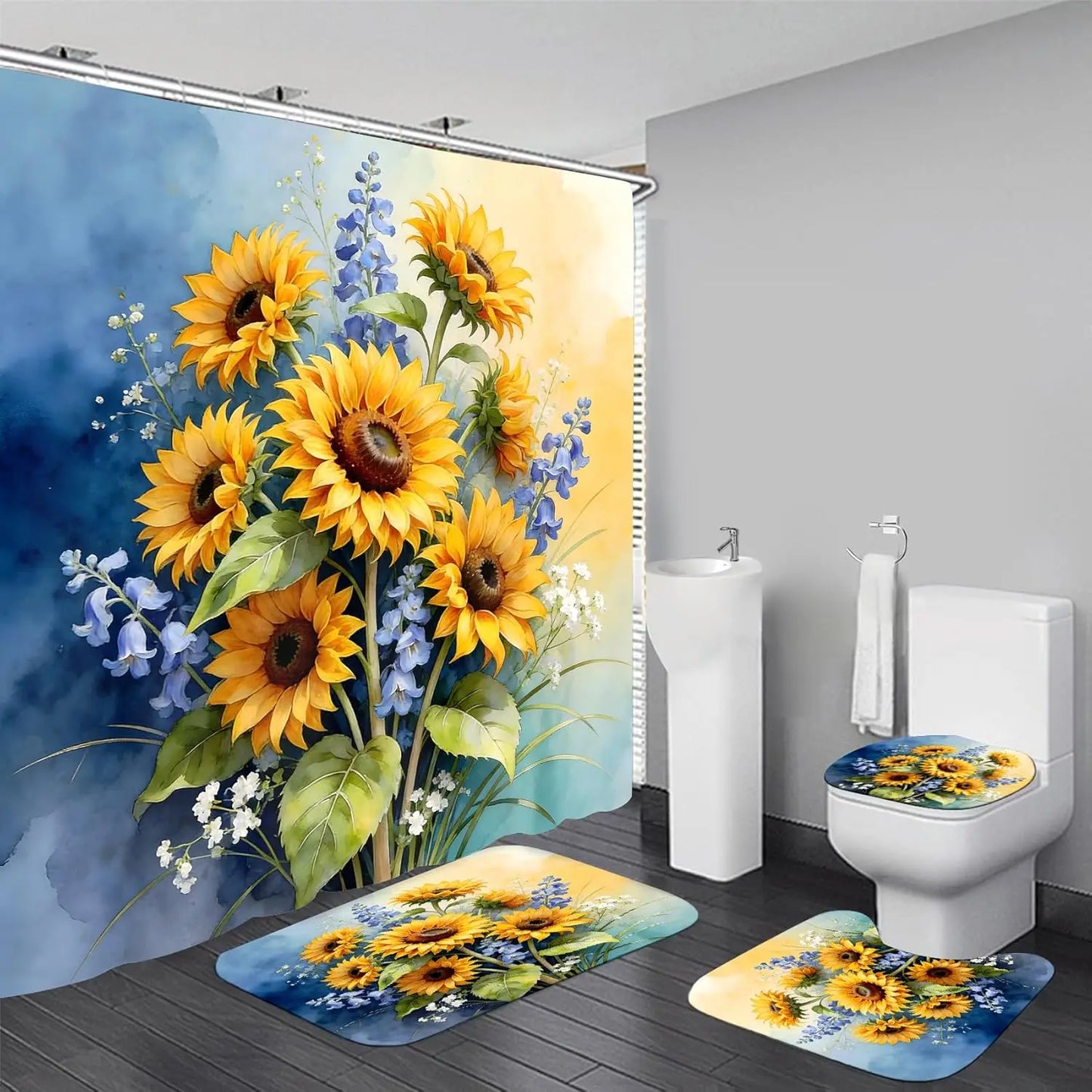 4 Piece Sunflower Shower Curtain Set - Yellow Floral Flower Bathroom Decor - Washable Fabric Curtain - Rugs and Toilet Lid Cover