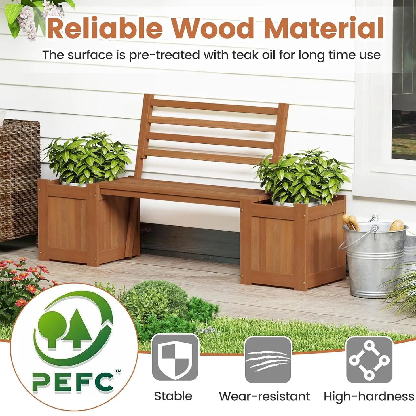 2-in-1 Wood Outdoor Bench With Raised Garden Beds Patio