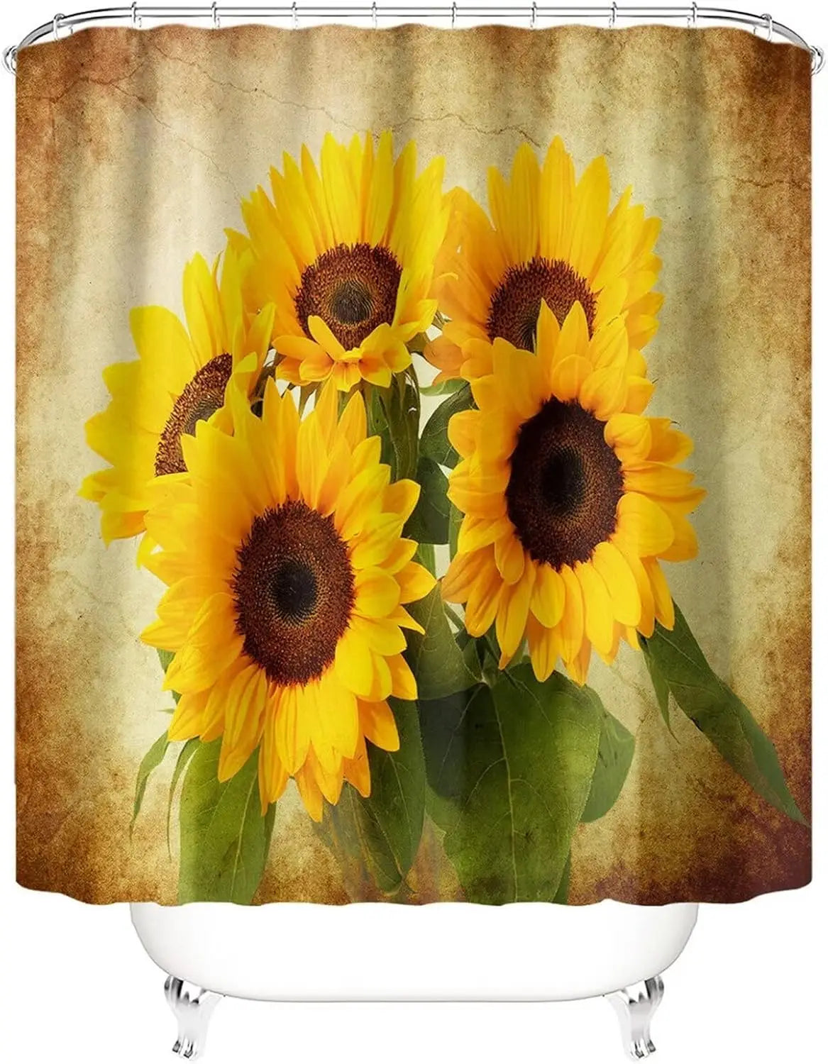 4 Piece Sunflower Shower Curtain Set - Yellow Floral Flower Bathroom Decor - Washable Fabric Curtain - Rugs and Toilet Lid Cover