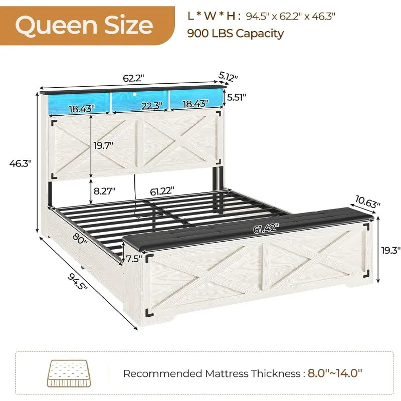 Farmhouse Queen Bed Frame with Storage Headboard, Charging Station and LED Lights Queen Size Platform Bed Frame with Stor