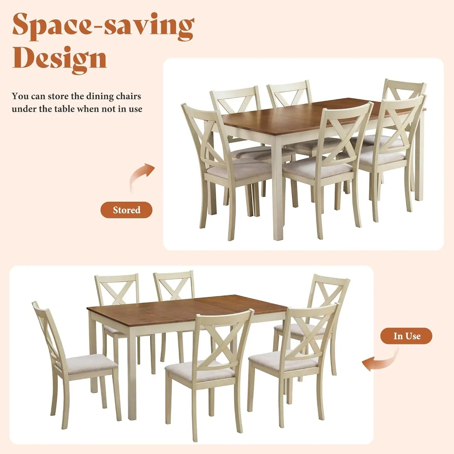 7 Piece Farmhouse Dining Table Set With 6 Upholstered Chairs