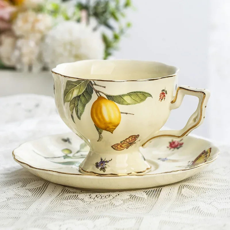 European Ceramics Coffee Cup and Saucer Teapot Elegant Lemon Pattern Creative Afternoon Tea Teaware Set with Dessert Spoon Gift