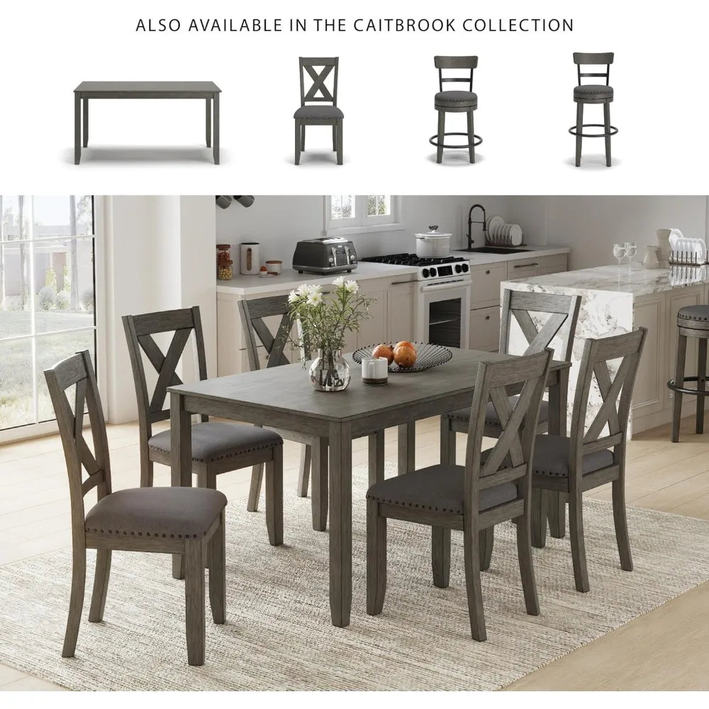 Gray 7-Piece Dining Set with Rectangular Table and 6 Upholstered X-Back Chairs 36"W x 60"D x 30"H