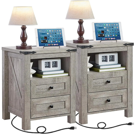 Set Of 2 Farmhouse Nightstands With Charging Station
