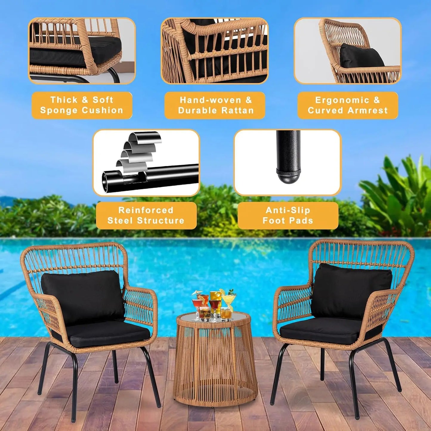 3 Pieces Outdoor Wicker Bistro Patio Furniture Set, Porch Furniture Rattan Conversation Sets with Side Table and Cushions