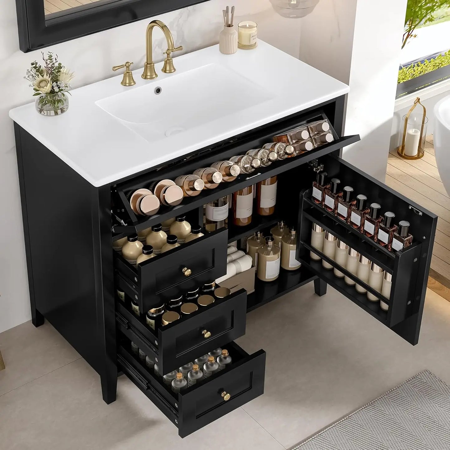 Free Standing Bathroom Vanity With Ceramic Sink And Wood Cabinet