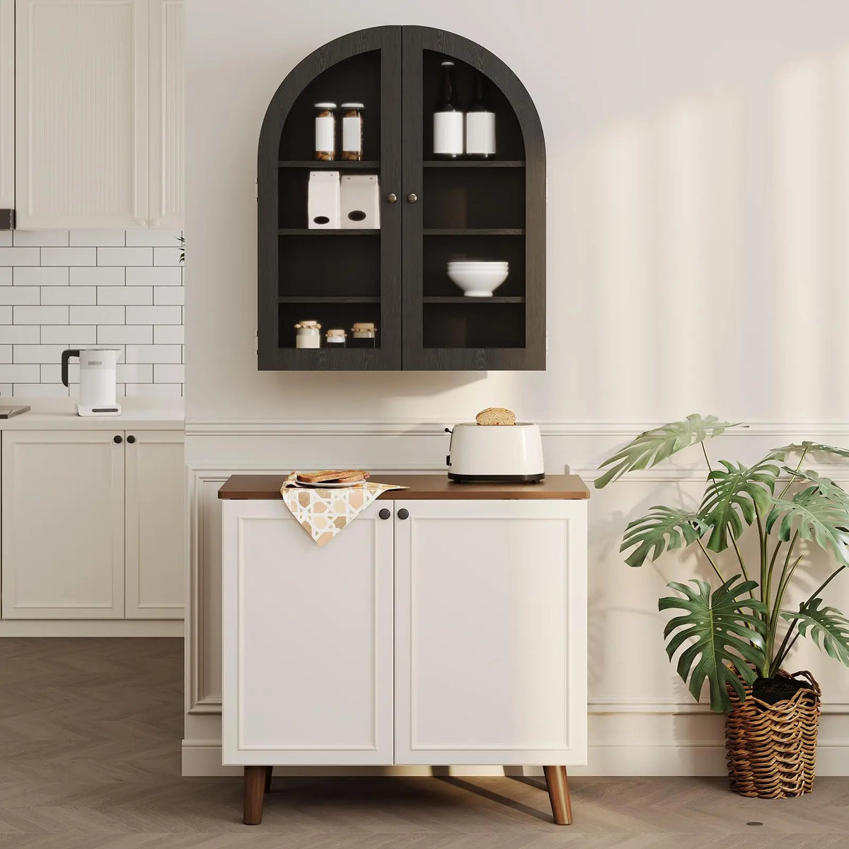 Arched Bathroom Wall Cabinet, Wall Mounted Display Cabinet with Glass Doors & Adjustable Shelves, Medicine Cabinet for Living Room Kitchen