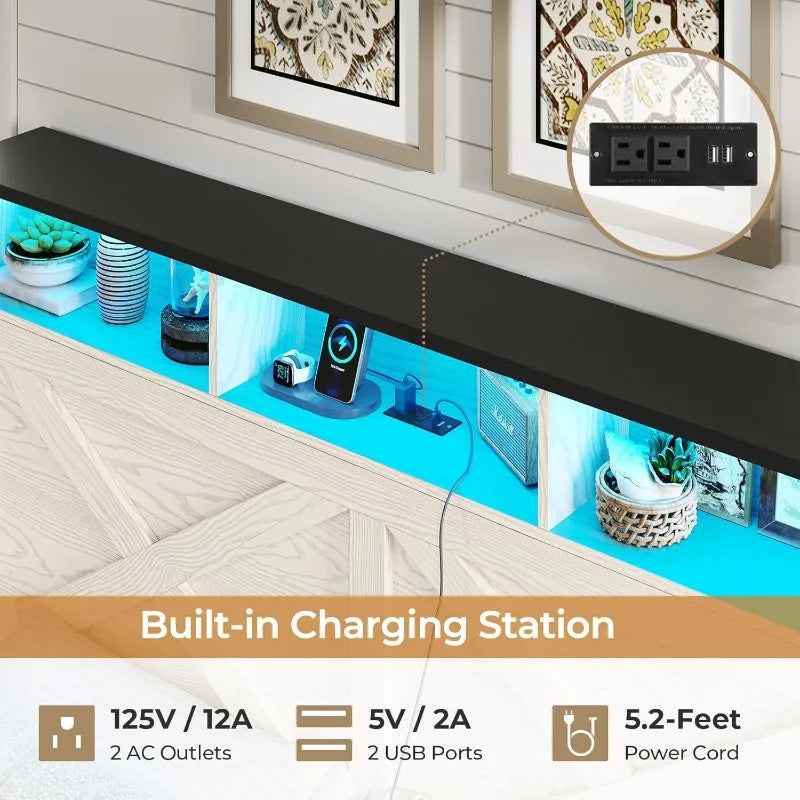 Farmhouse Queen Bed Frame with Storage Headboard, Charging Station and LED Lights Queen Size Platform Bed Frame with Stor