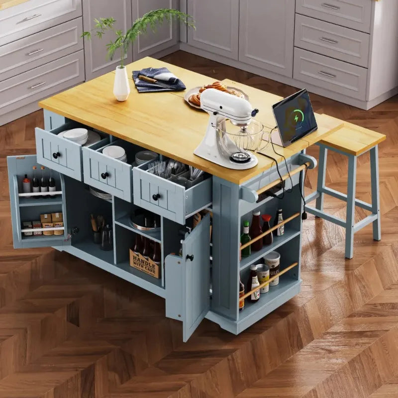 Gray-blue 53-inch Large Kitchen Island with Folding Tabletop, Power Outlet, Inside-door Storage, 5-wheel Rolling Kitchen Cart, and 5 Open Side Shelves, Suitable for Kitchens (2-pack) (stool Not Included).
