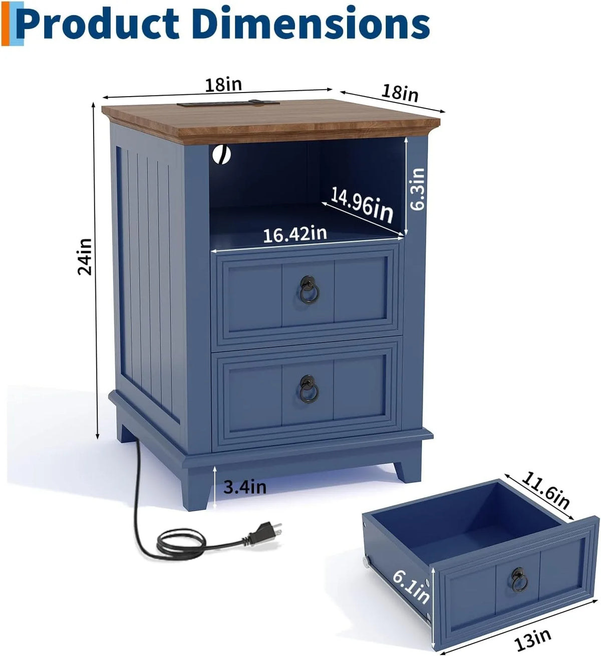 Modern Wood Nightstand With USB Charging Station And Two Drawers
