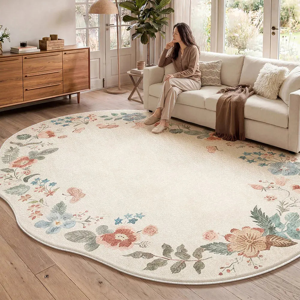 Irregular Shaped Plush Rug For Living Room With Flower Pattern