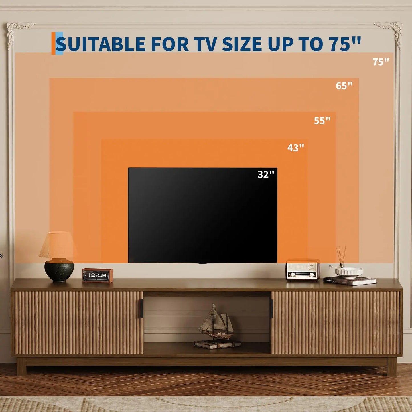 HiMISS Mid Century Fluted TV Stand With Adjustable Shelves