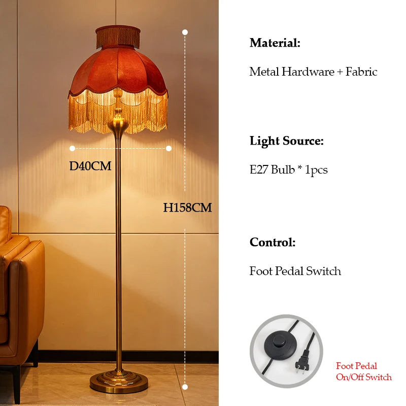 French Tassel Velvet Lampshade Floor Lamp Luxurious Retro Caramel Handmade Art Station Lamp For Living Room Sofa Bedroom Home