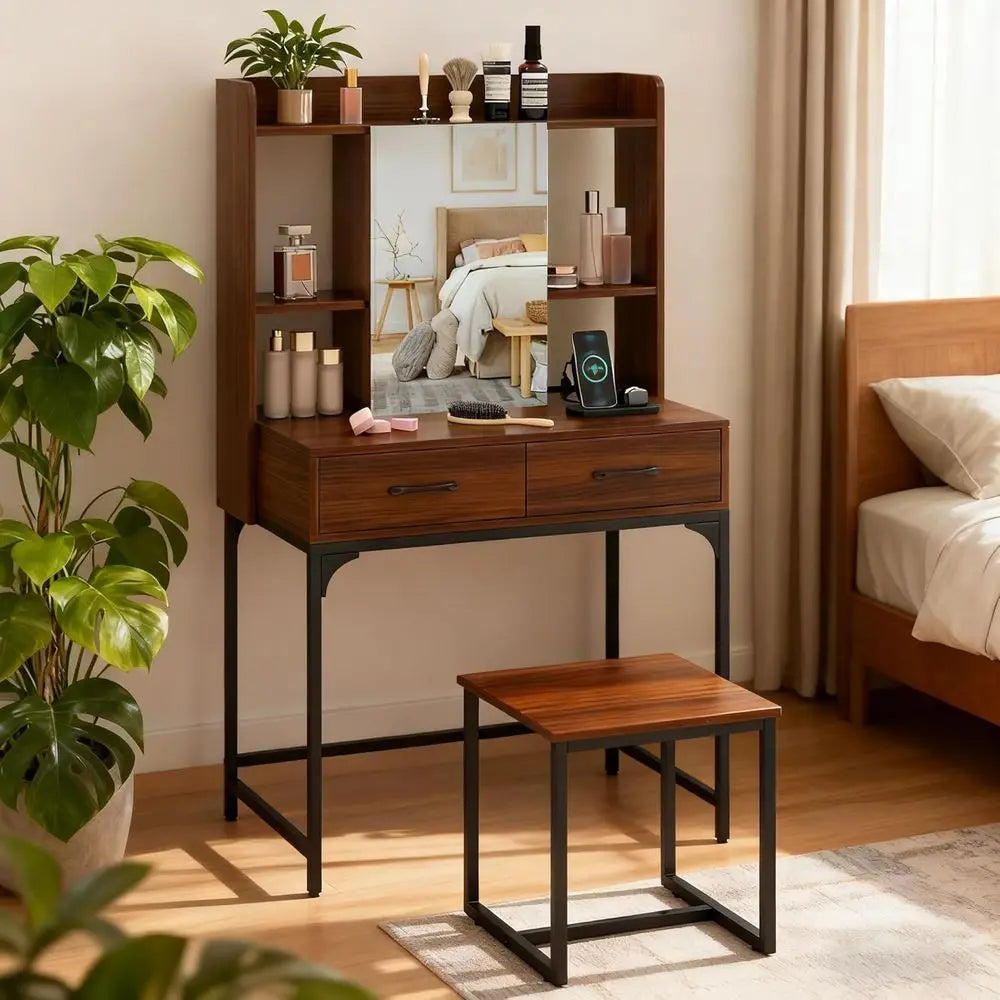 Vanity Desk with Mirror and Stool, Industrial Dring Table with Power Outlet, 4 Shelves, 2 Storage Ders, Bedroom Makeup Vanity Se