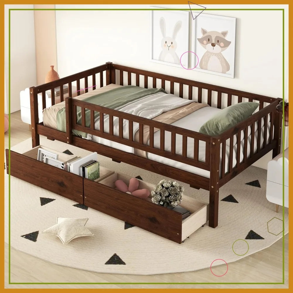 Solid Wood Daybed Frame With Storage Drawers And Rails