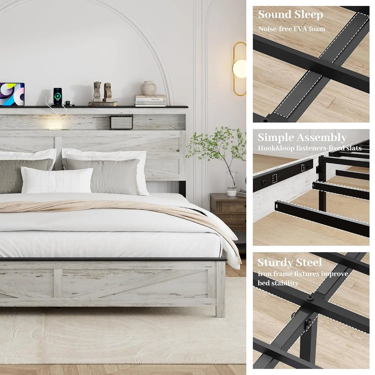 Rustic Wood King Bed Frame with LED Lights & Charging Station, Easy Assembly No Box Spring Needed, Customized