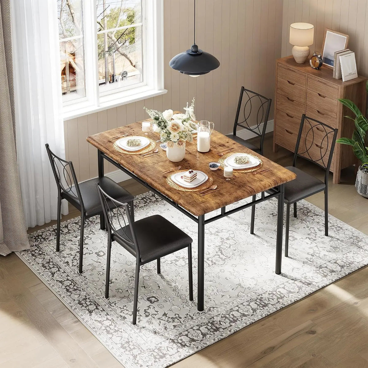 TWISTER.CK Farmhouse Dining Table Set With Upholstered Chairs for Small Spaces