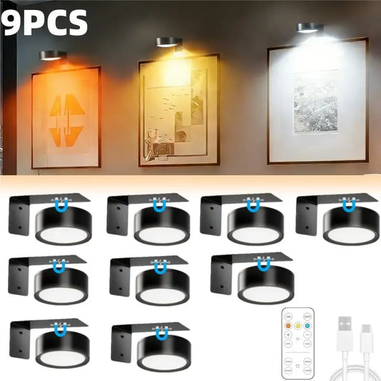 9-Pack Black Picture Lights for Wall, Battery Operated with Remote and Timer, 3 Color Temperatures & Dimmable, Art Display Light for Picture Frame Artworking Portrait，Wireless Wall Decor Puck Lights