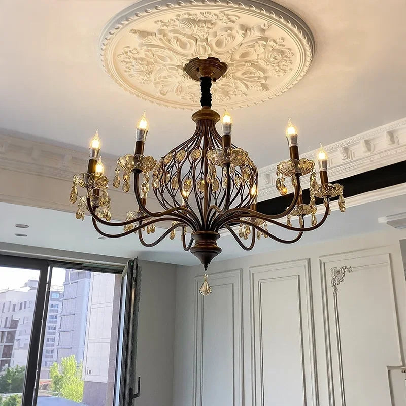 French Retro Candle Pendant Lights with Amber Crystal Vintage Brown Iron E14 Ceiling Chandelier for Living Room Kitchen Table