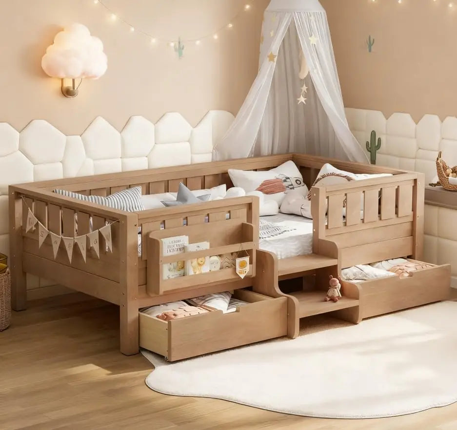 Twin Kids Bed With High Rails Built In Bookshelf Storage Wood Montessori