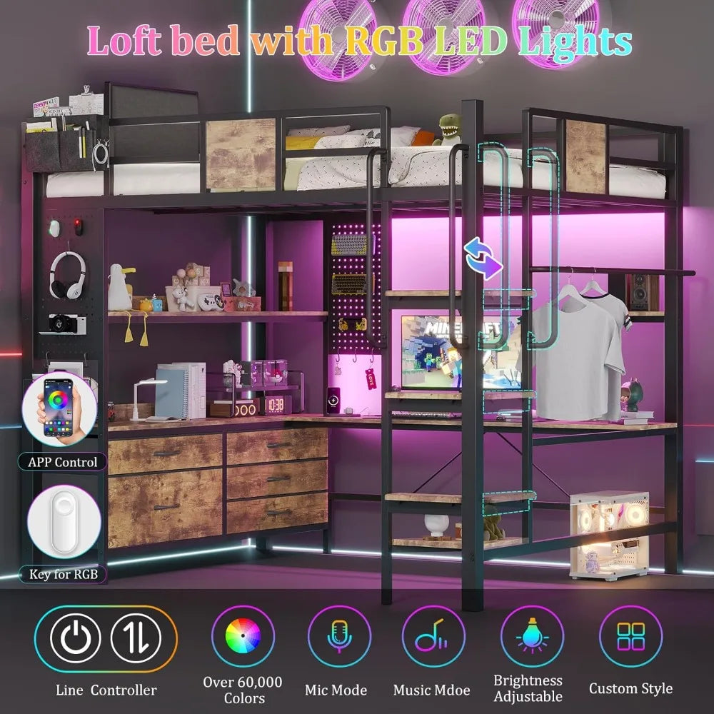 Full Size Loft Bed with Desk 5 Drawers 3 Open Shelves LED Lights Charging Station Stairs Vintage Brown