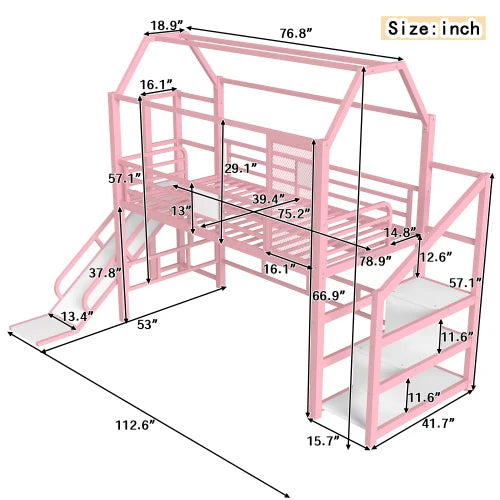 Twin House Loft bed with Slide and Stairs, Metal Playhouse Bed with Storage Shelves, House-shaped Roof and Noise-free Design