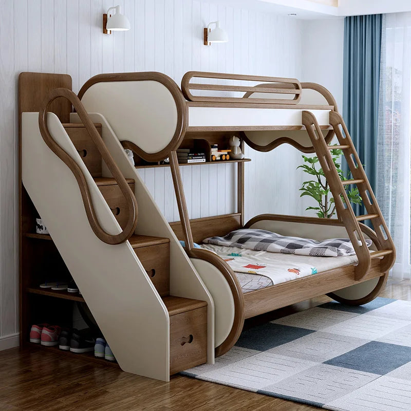Omgd Modern Luxury Ash Wood Double Bunk Bed With Storage