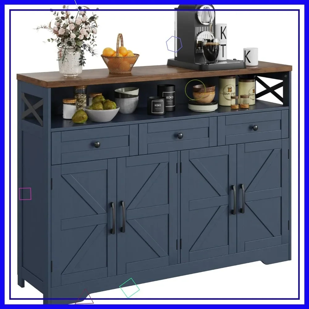 Farmhouse Buffet Cabinet With Drawers And Open Shelf Storage