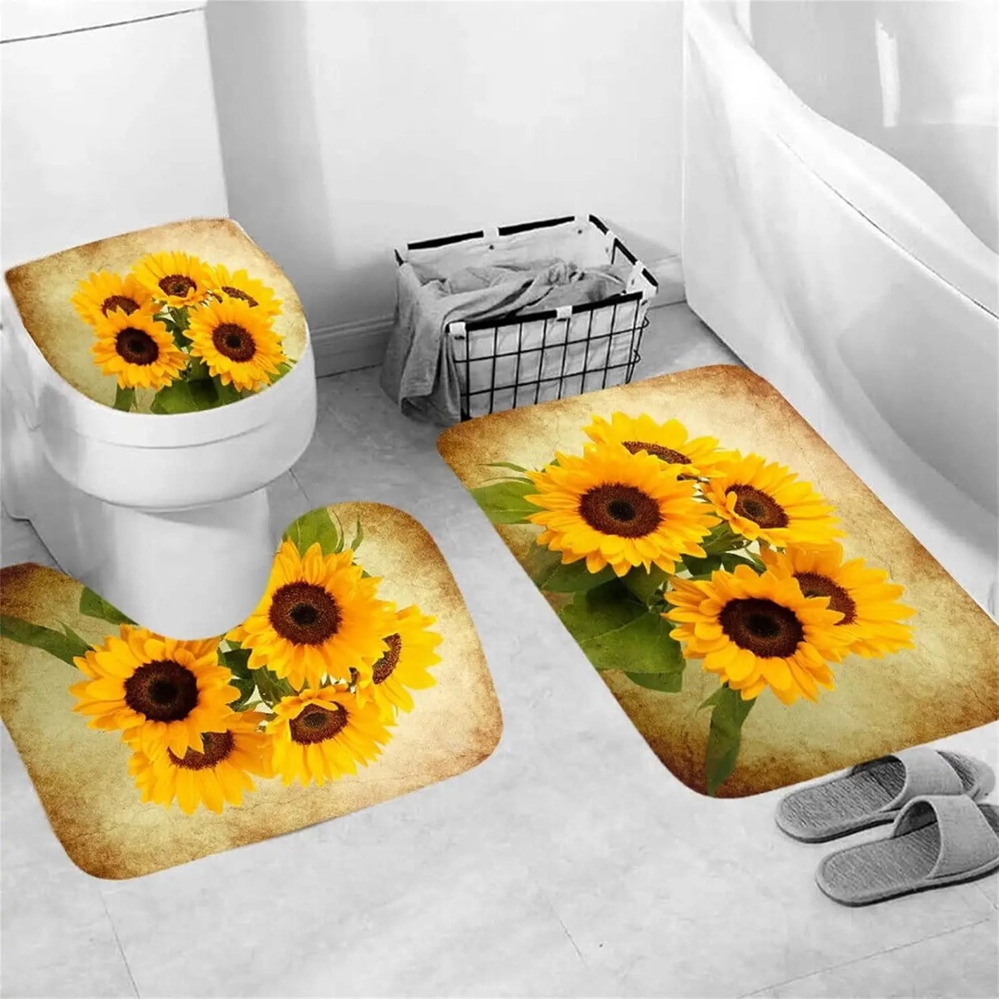 4 Piece Sunflower Shower Curtain Set - Yellow Floral Flower Bathroom Decor - Washable Fabric Curtain - Rugs and Toilet Lid Cover