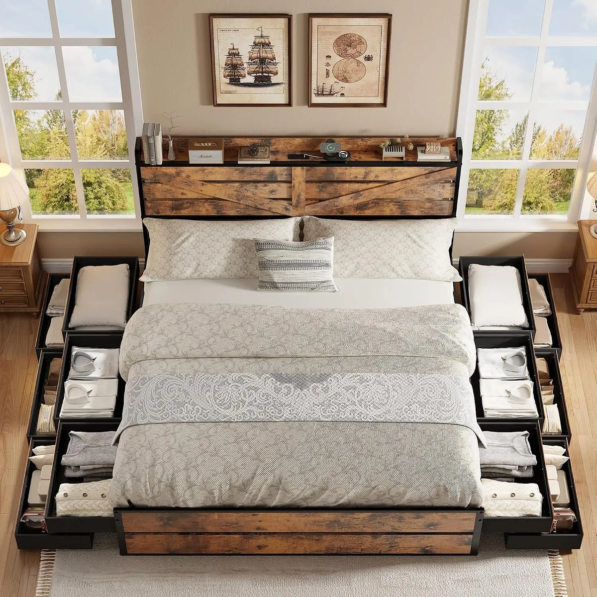 Wooden Platform Bed Frame With Storage Drawers And Charging Station