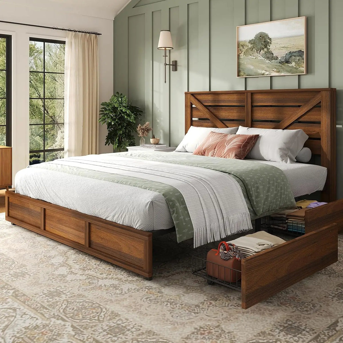 Farmhouse Barn Door Headboard Wooden Bed Frame Platform Design